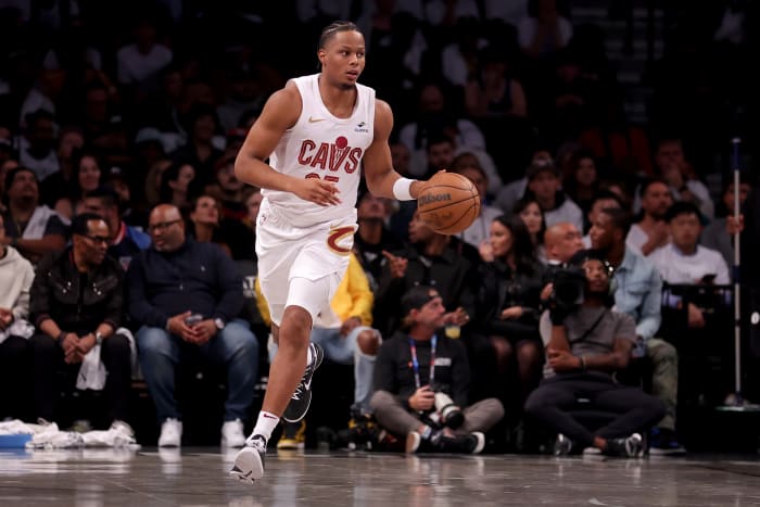 Oct 25, 2023; Brooklyn, New York, USA; Cleveland Cavaliers forward Isaac Okoro (35) brings the ball up court against the Brooklyn Nets during the second quarter at Barclays Center.